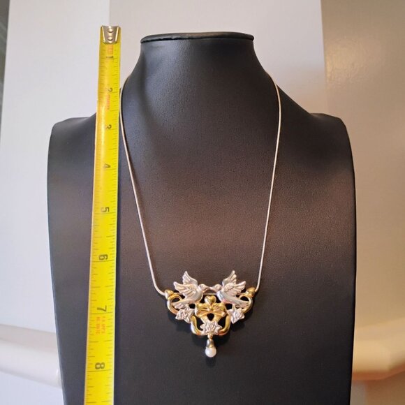 Vintage Gorham Sterling Love Birds Doves Pearl Heart Drop necklace on 18" Chain - Picture 4 of 8